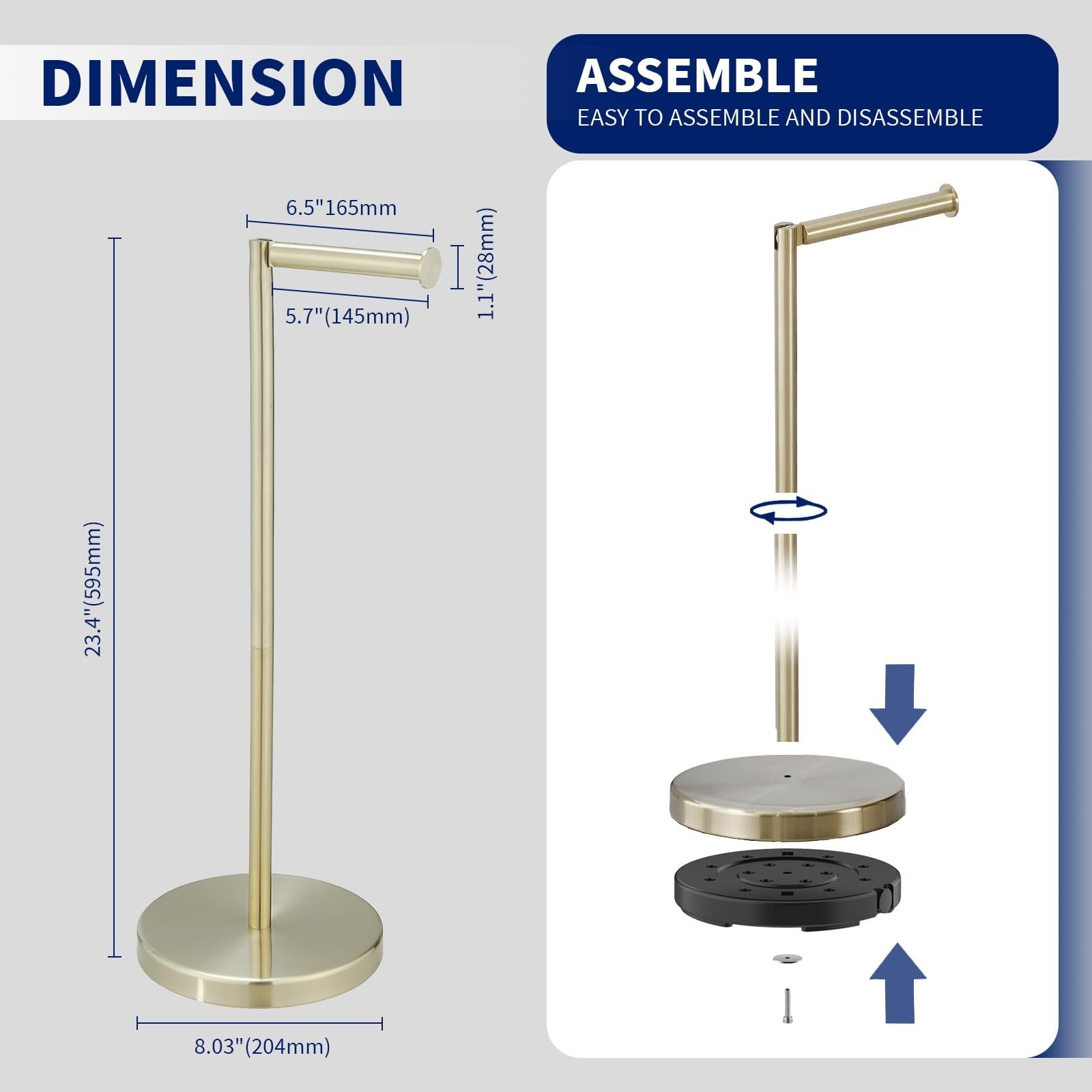 BWE brushed gold modern toilet paper holder stand with storage for tissue rolls, sleek bathroom accessory with contemporary design