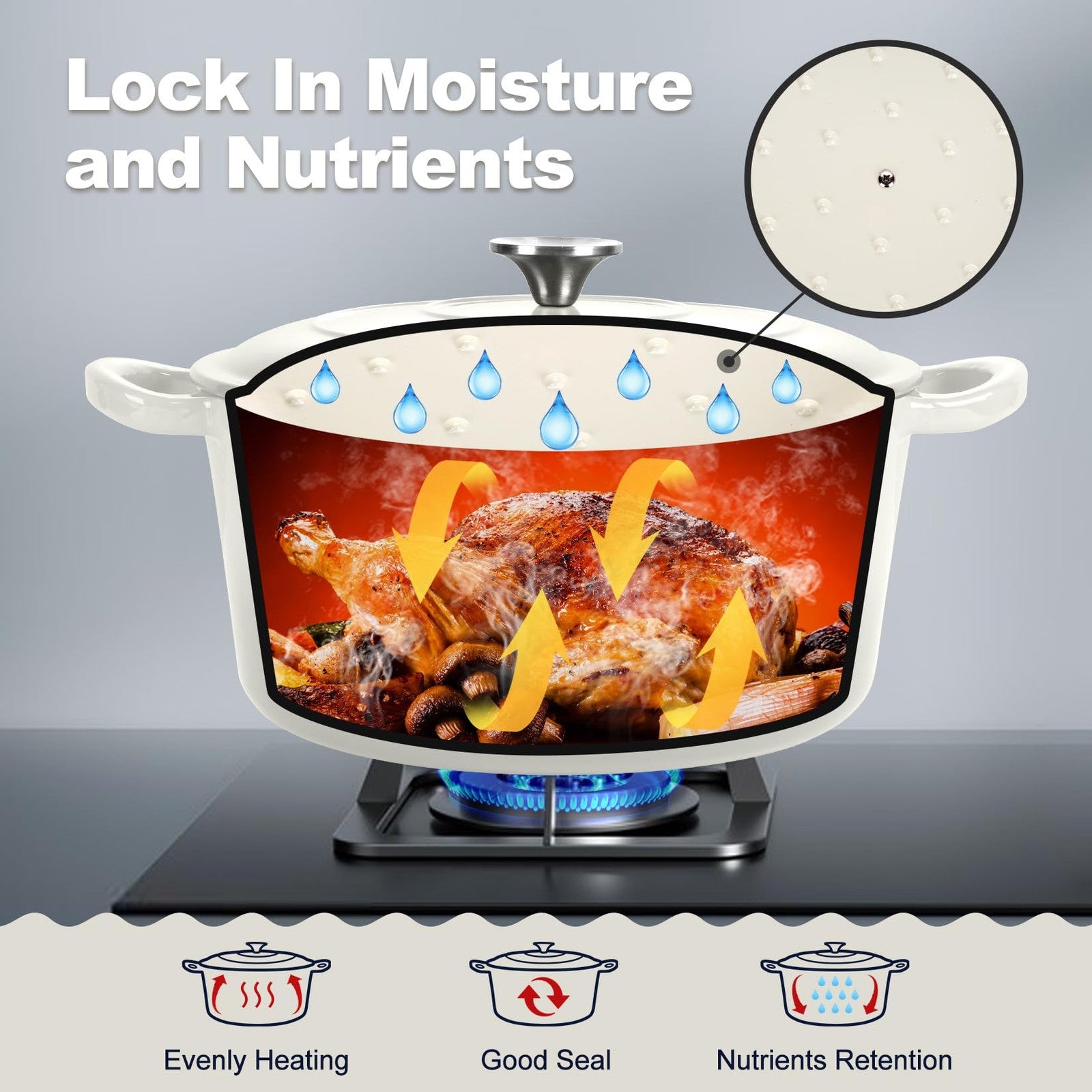 P&P CHEF 6QT enameled cast iron Dutch oven with lid, ideal for baking bread and slow cooking.