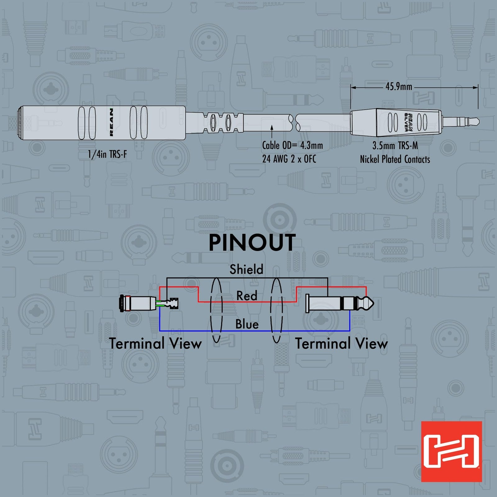 Hosa HXMS-025 Pro headphone adaptor cable with REAN 3.5mm TRS to 1/4 inch TRS connector, 25-foot length