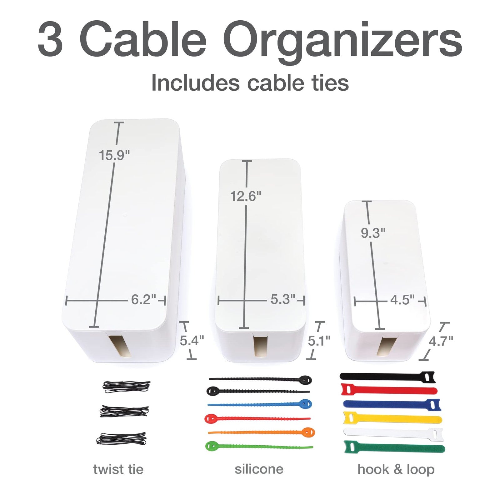 Oxford cable management boxes in small, medium, large with 15 cable ties, used for organizing and concealing cables.