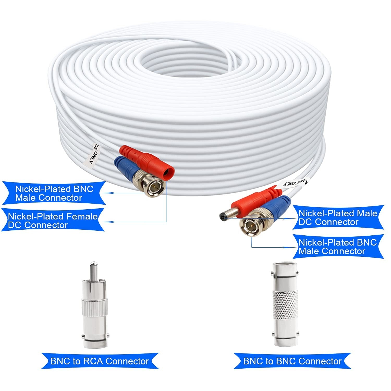 Aimyzii 25ft BNC video and power security camera cables with adapters, four-pack, showing connectors and cable length