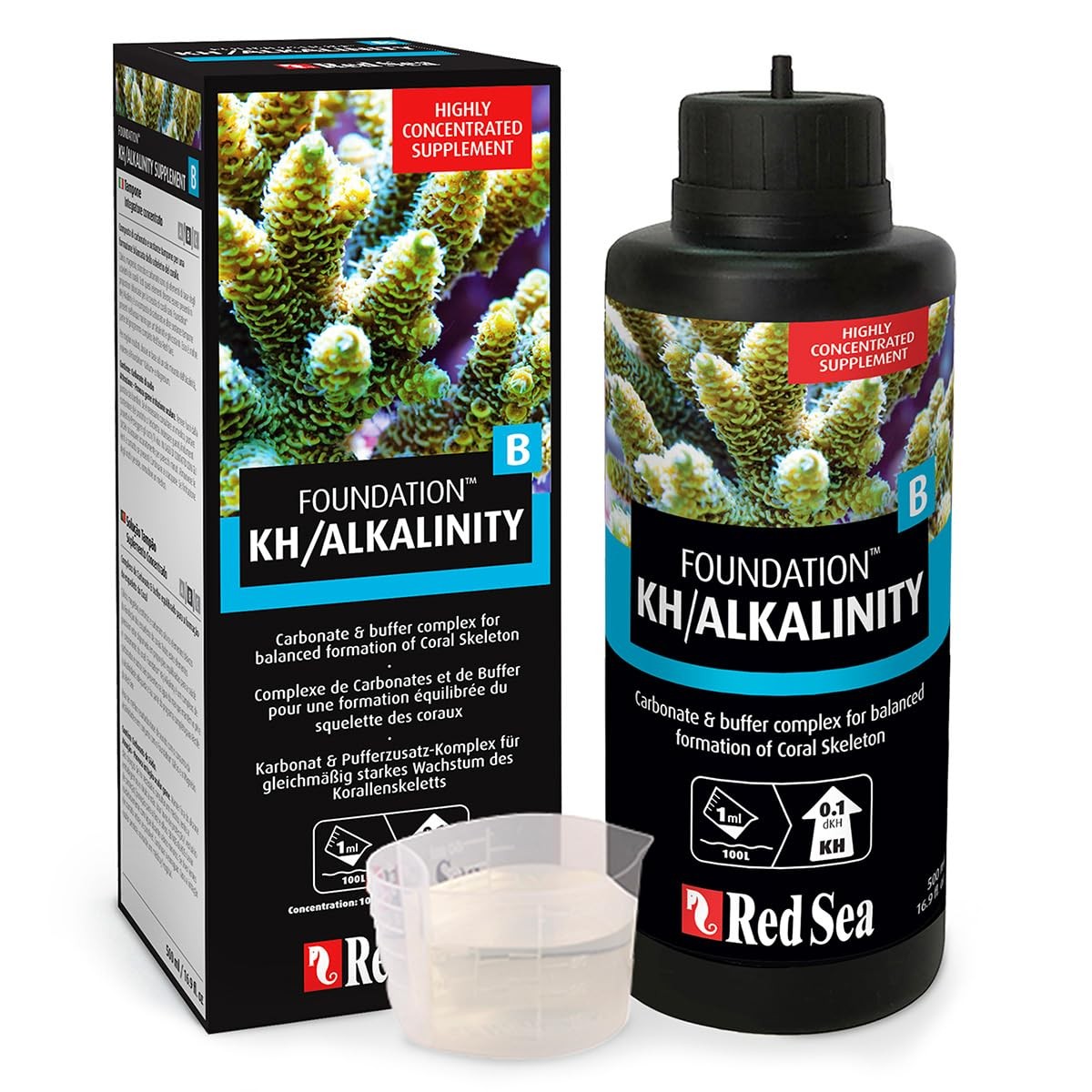 Red Sea Reef Foundation B Alkalinity supplement bottle for marine aquariums, 1000ml, boosts carbonate levels in reef tanks.