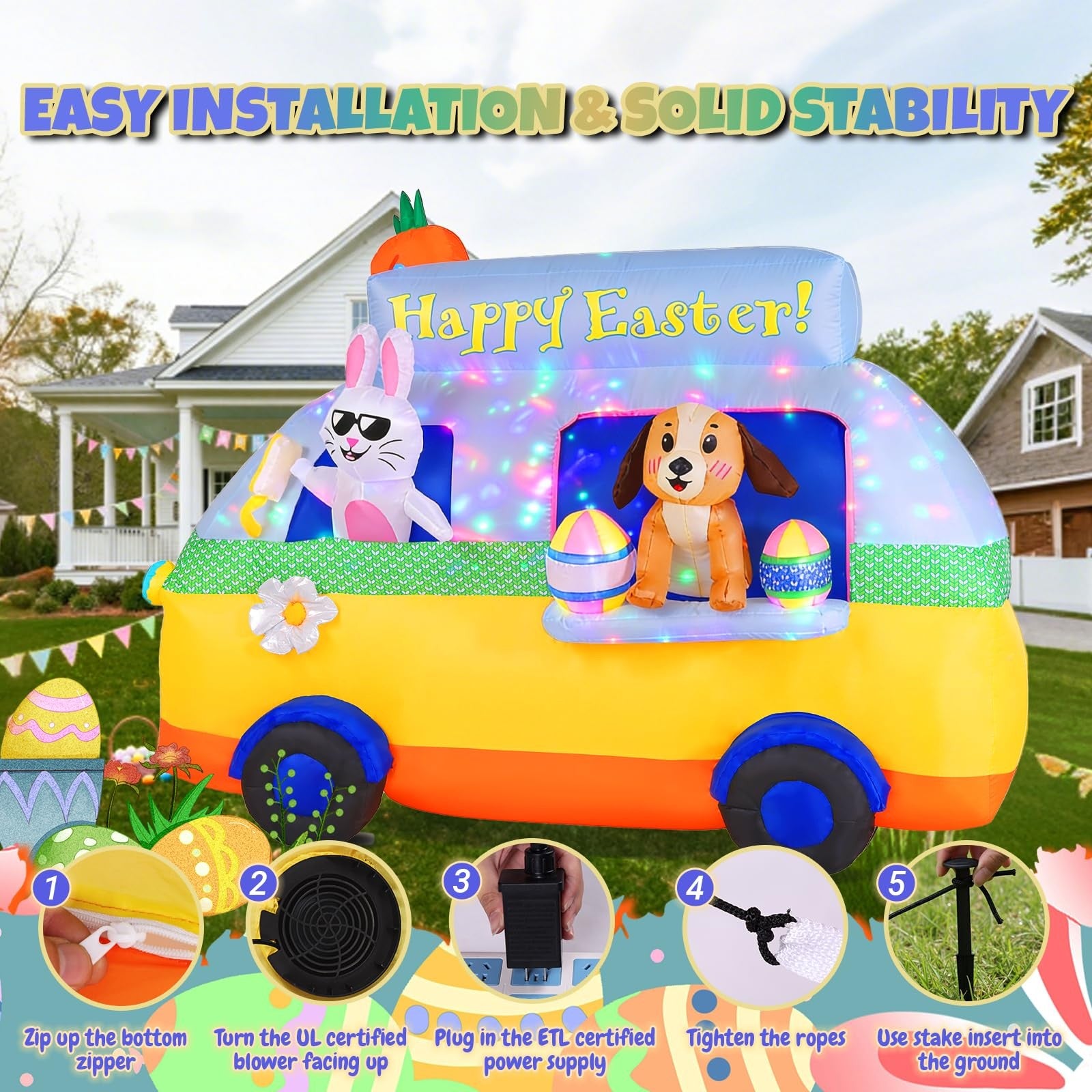 Giftfind 7.3ft Easter inflatables featuring a bunny and dog for outdoor holiday decorations, bright and colorful for festive display.