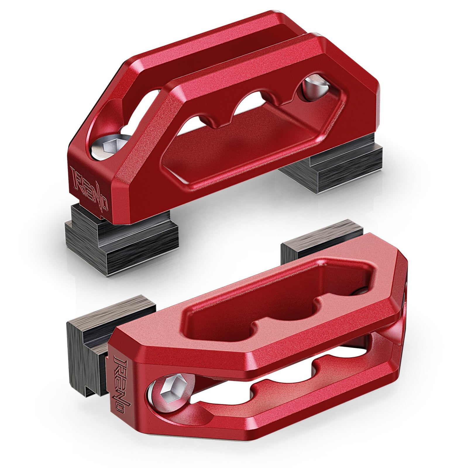 RENO bed rail cleats with tie down anchors on a cargo trailer, suitable for Tacoma, Tundra, and Gladiator trucks, showing secure tie points.