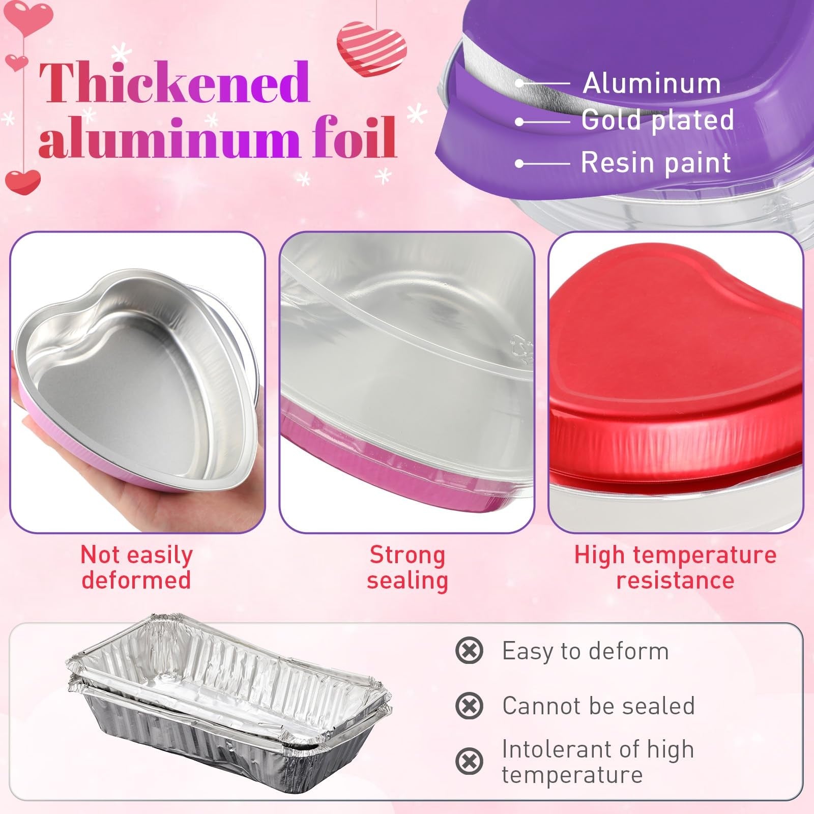 Fainne 20-pack of 5-inch aluminum foil heart-shaped cake pans for Valentine's Day baking, with cleaning tools included.