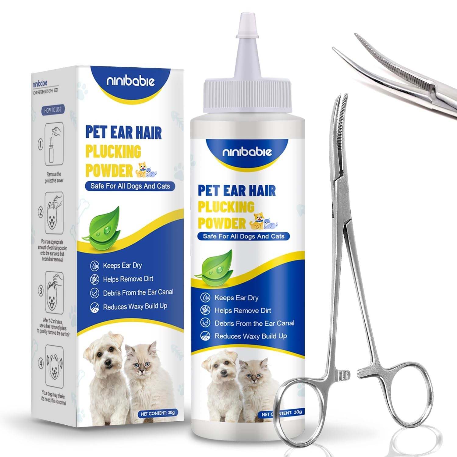 Ninibabie dog ear powder and curved ear cleaning hemostat tool for gentle pet ear hair removal, shown in use.