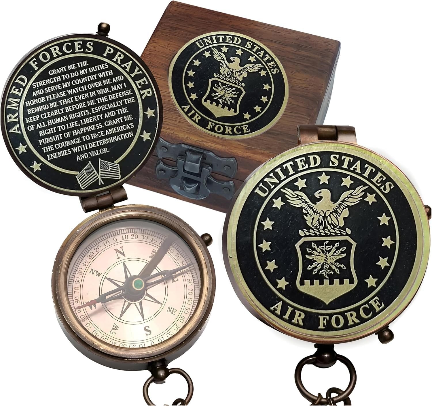 U.S. Air Force compass in a brown leather case with "U.S. Air Force" engraving, ideal for military gift for men and women.