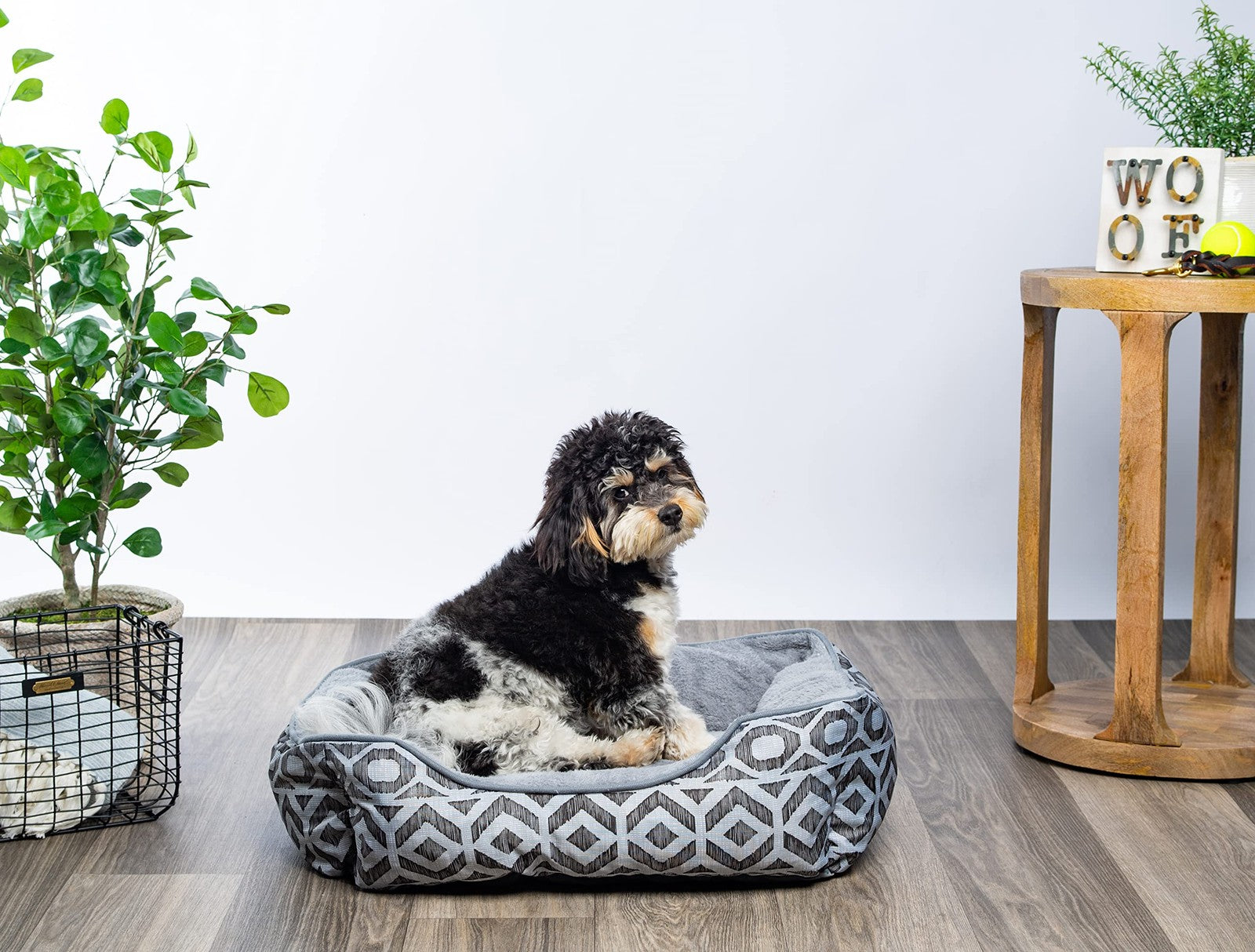 Modern Threads luxury dog bed in oxford printed plush, small to medium size, cozy and stylish for pets.