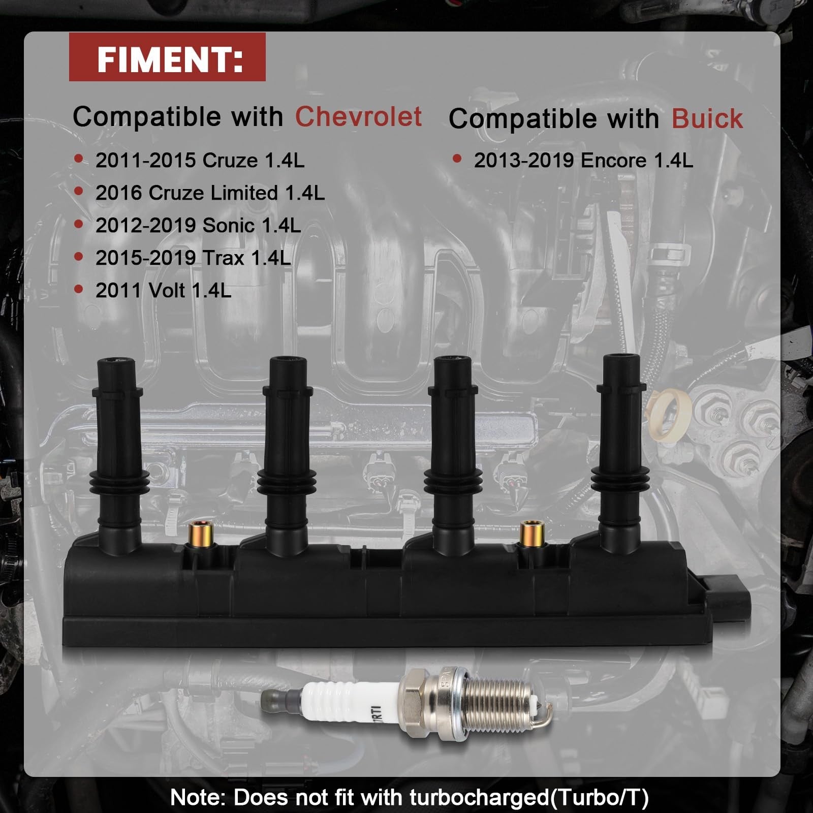 KacuYelin UF669 ignition coil pack and iridium spark plugs for Chevy vehicle, showing coil and spark plug components.