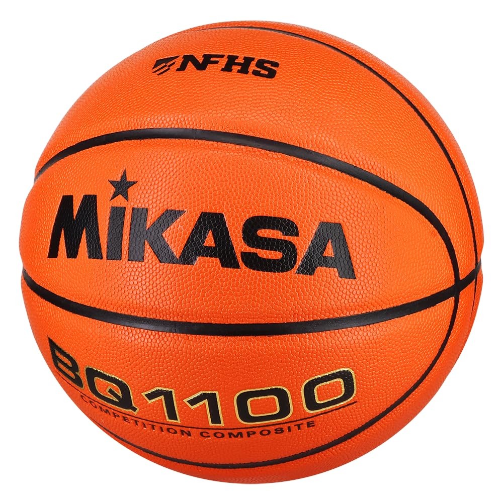 Mikasa BQ1100 Competition Basketball in orange with official size, featuring textured surface for improved grip and control.