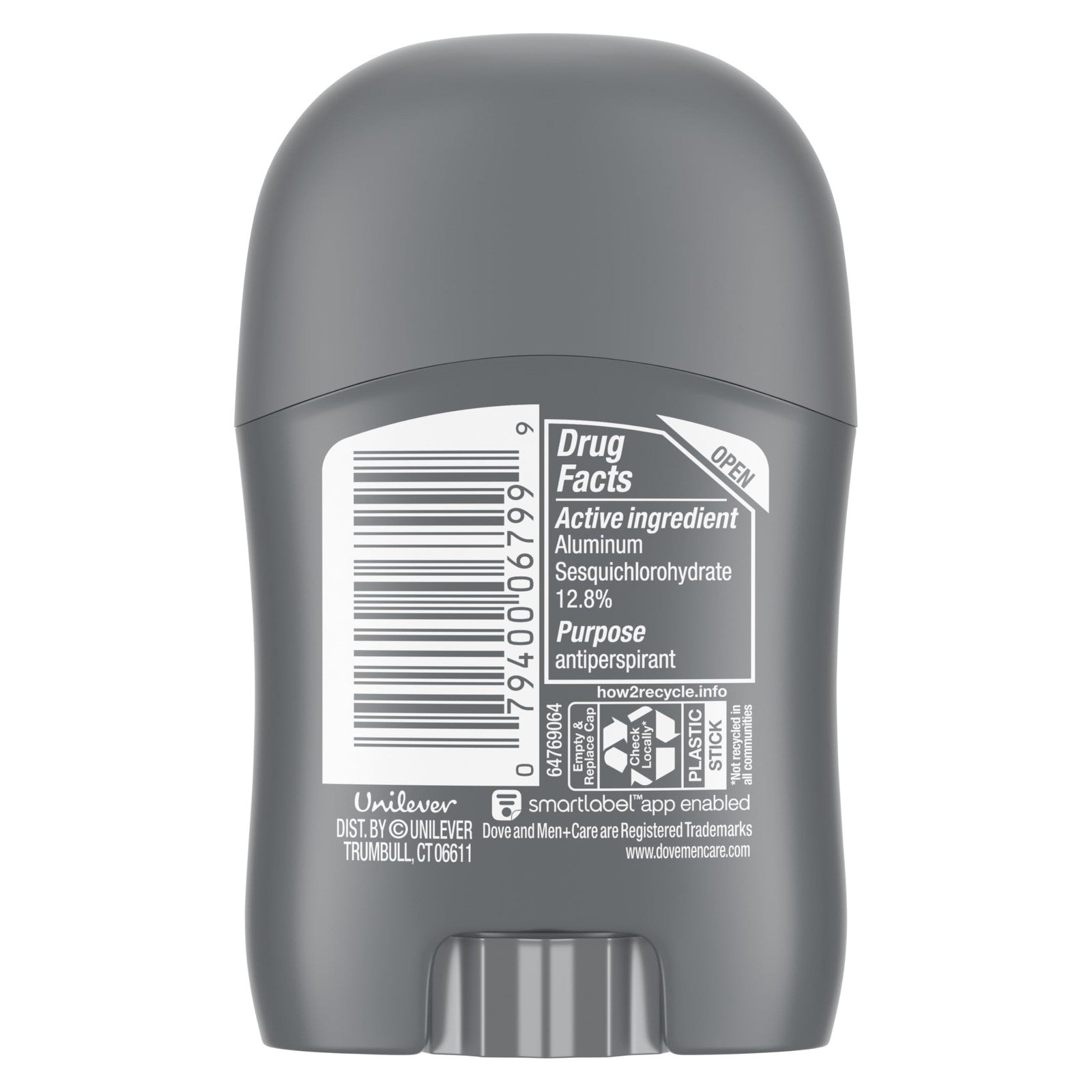 Dove Men+Care Antiperspirant Deodorant Stick Clean Comfort pack of 36, showing the white stick with blue and green label
