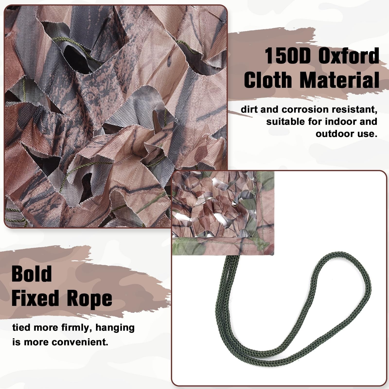 Camouflage netting mesh for hunting blinds, military surplus camouflage netting, green and brown camo pattern on mesh fabric