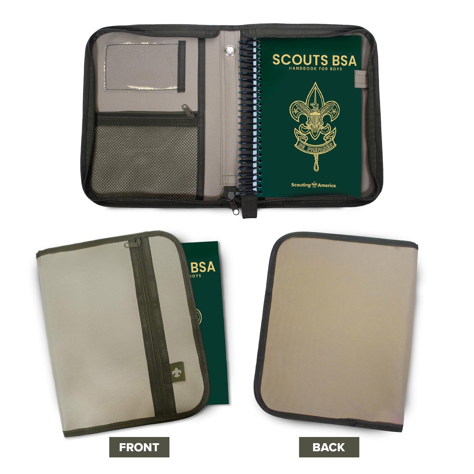 Large tan Boy Scouts of America Scouts BSA Handbook cover with logo and emblem, designed for durability and easy identification.