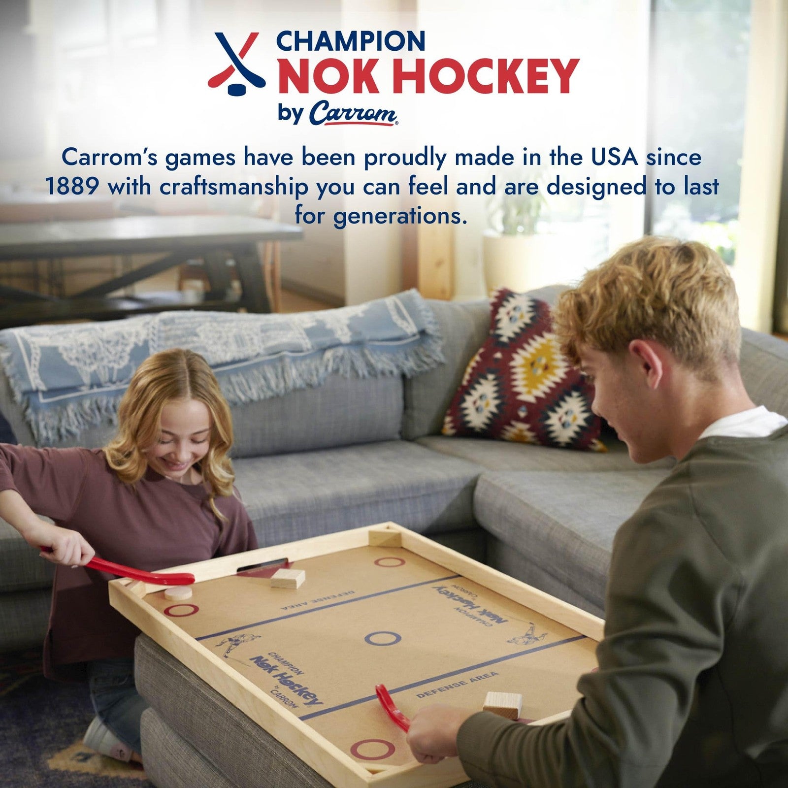 Carrom Champion Nok Hockey game with wooden board and game pieces, designed for adults and standard-sized indoor play.