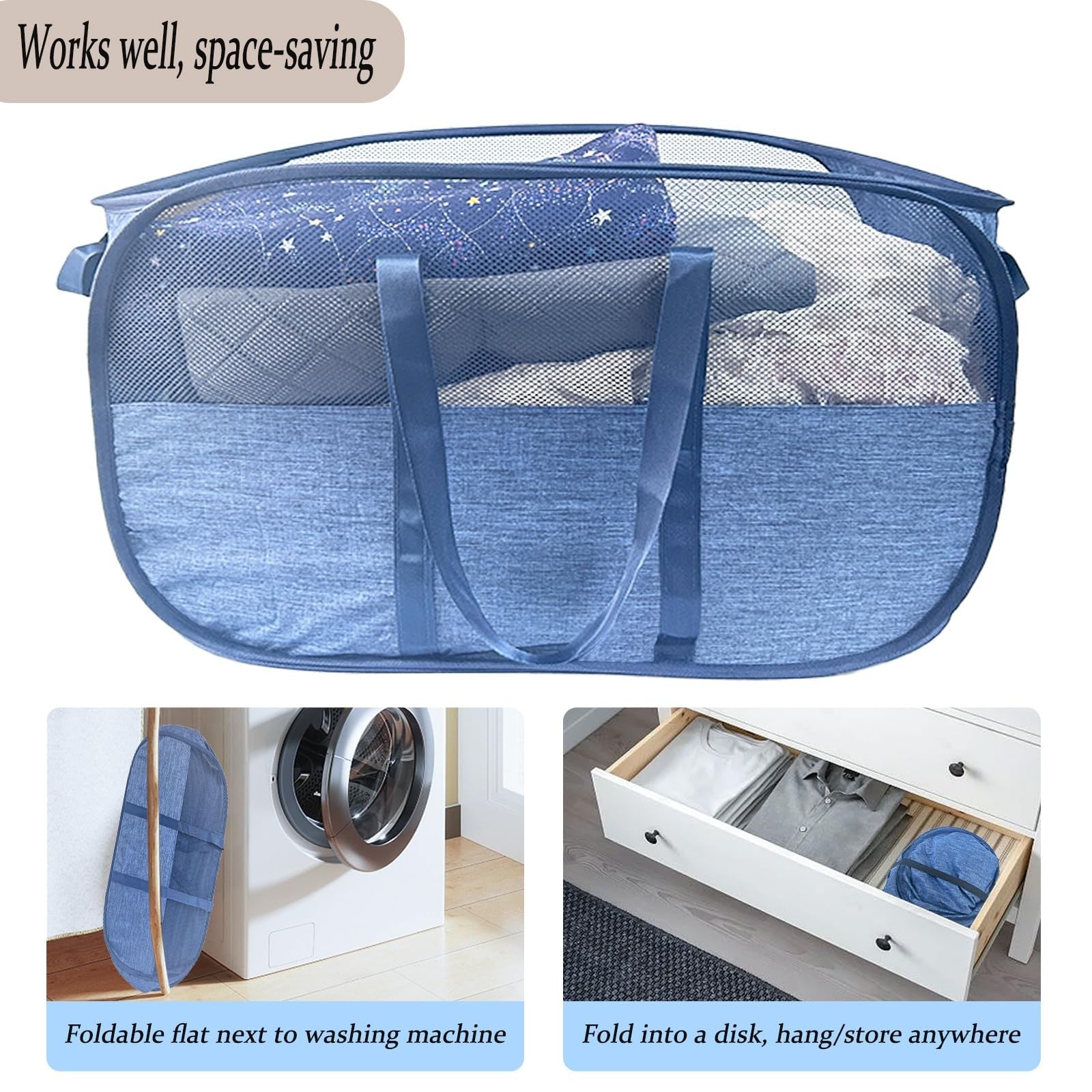 NairSnow 100L collapsible laundry baskets, 2-pack, large mesh pop-up hampers with sturdy handles for easy carrying and storage.