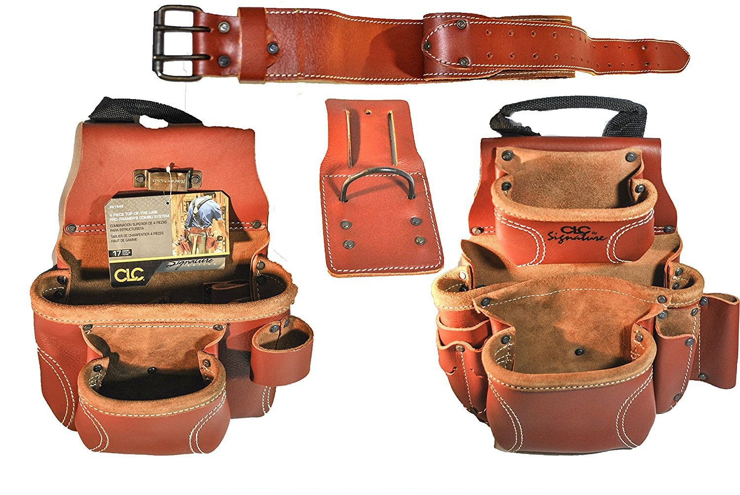 Custom Leathercraft 21448 4-piece Pro Framer's Tool Belt with multiple pouches and adjustable straps, designed for professional carpenters.