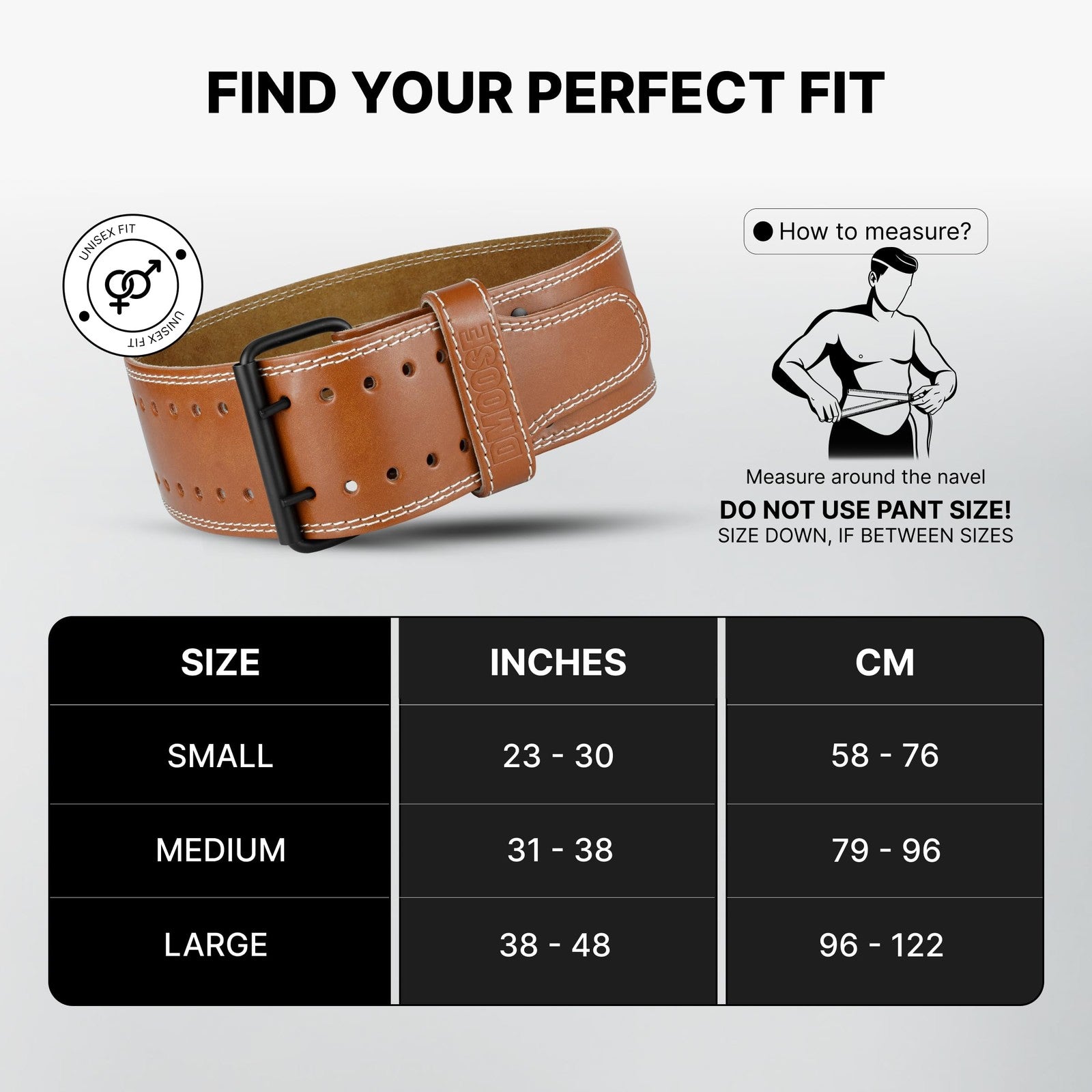 Genuine leather Dmoose Fitness weightlifting belt for men and women, showing the sturdy black belt with buckle closure.