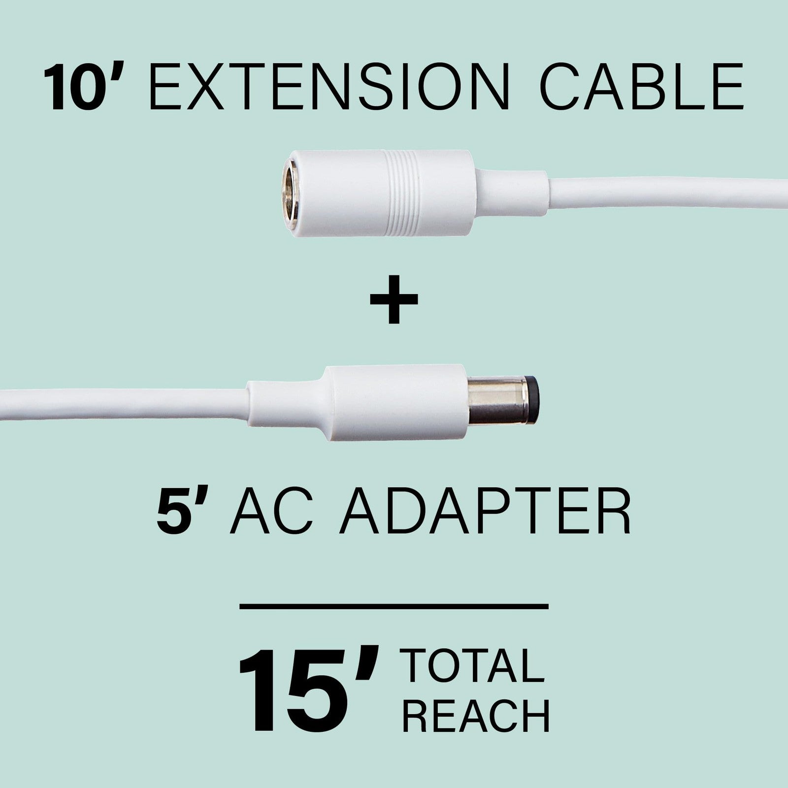 Sanus 10ft white Echo Show 15 extension cable connecting to AC adapter for extended power supply in a home setting.