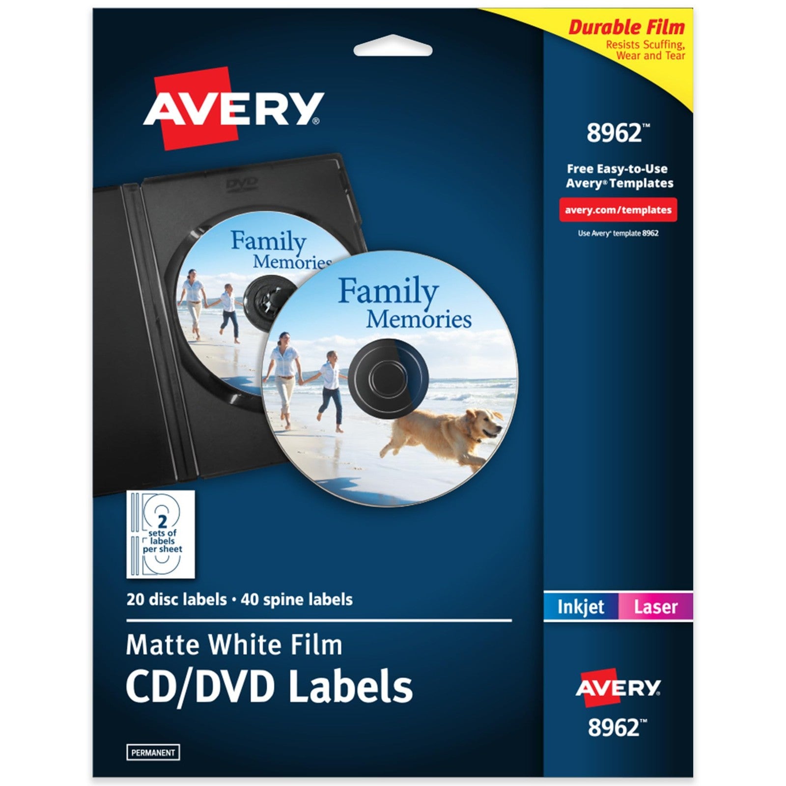 Avery printable DVD labels on matte white film with permanent adhesive, suitable for laser and inkjet printers.