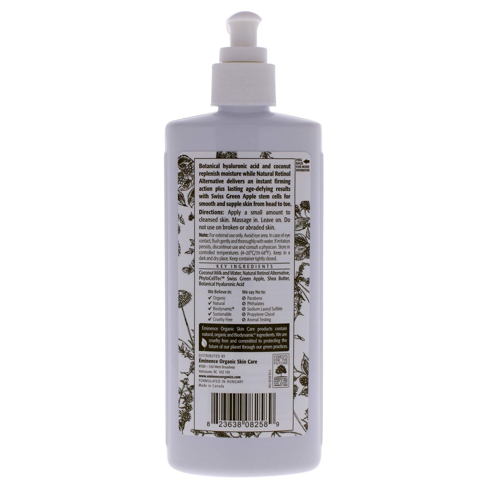 Eminence Organics Coconut Firming Body Lotion in an 8.4 fl oz bottle, showing the lotion and packaging.