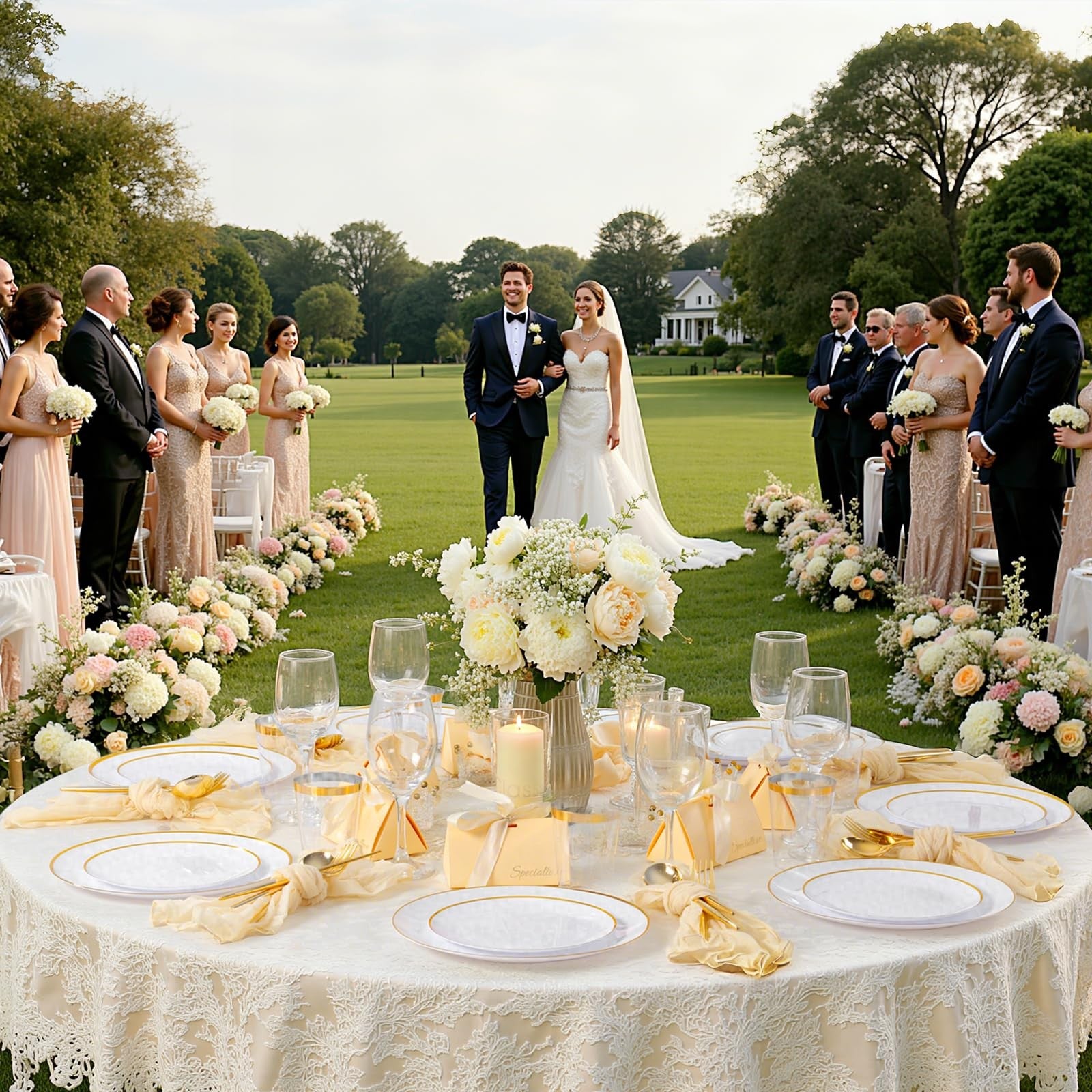 Set of 180 white and gold plastic plates by ejonirinjonir, perfect for parties, featuring elegant gold accents and durable plastic material.