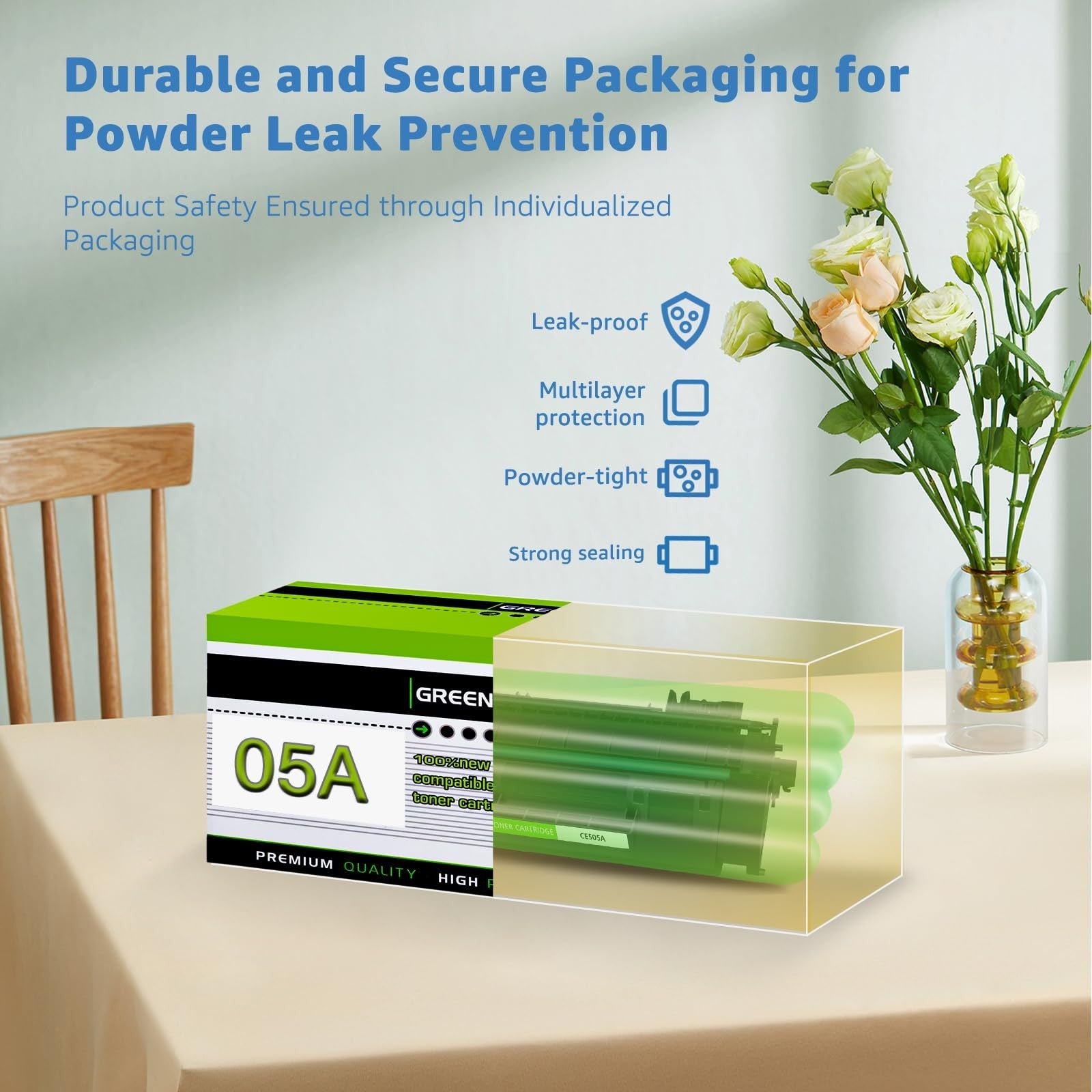 Greencycle compatible toner cartridge for HP 05A Ce505A laser printer, shown in black with packaging.