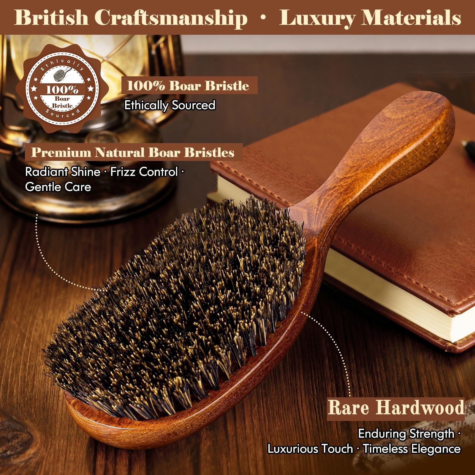 Handmade Oumigiz boar bristle hair brush with natural wooden handle, showcasing traditional British craftsmanship since 1965