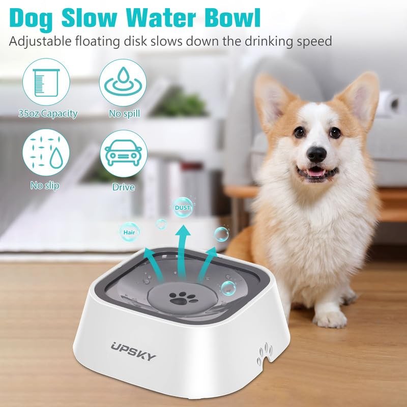 UPSKY No-Spill Pet Water Bowl Slow Feeder with no-slip base and 35oz capacity, designed to prevent spills and slow drinking.