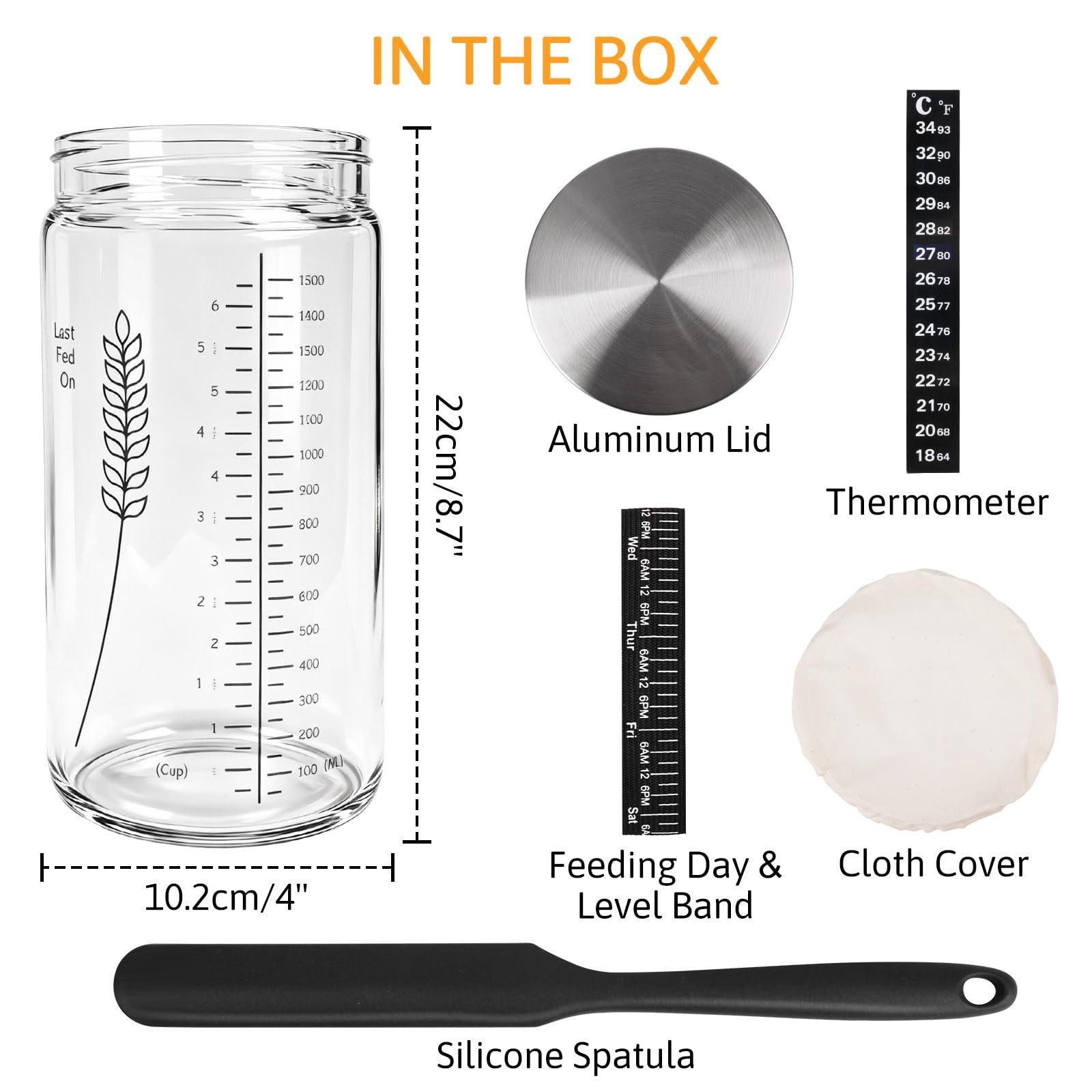 Rakovar 57oz sourdough starter jar kit with wide mouth, large capacity glass jar for fermenting sourdough starters.