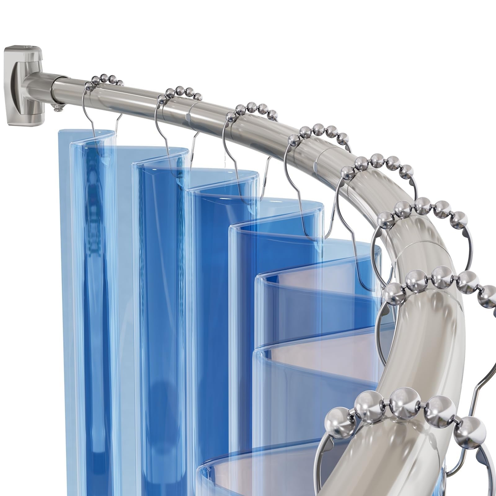 AzerBath heavy-duty arched curved shower curtain rod extending 20 to 84 inches, with durable metal finish and mounting brackets.