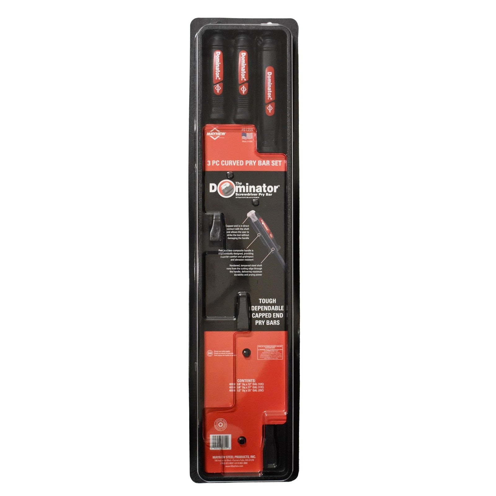 Mayhew Dominator screwdriver pry bar set with three curved tools, featuring durable handles and precision tips.