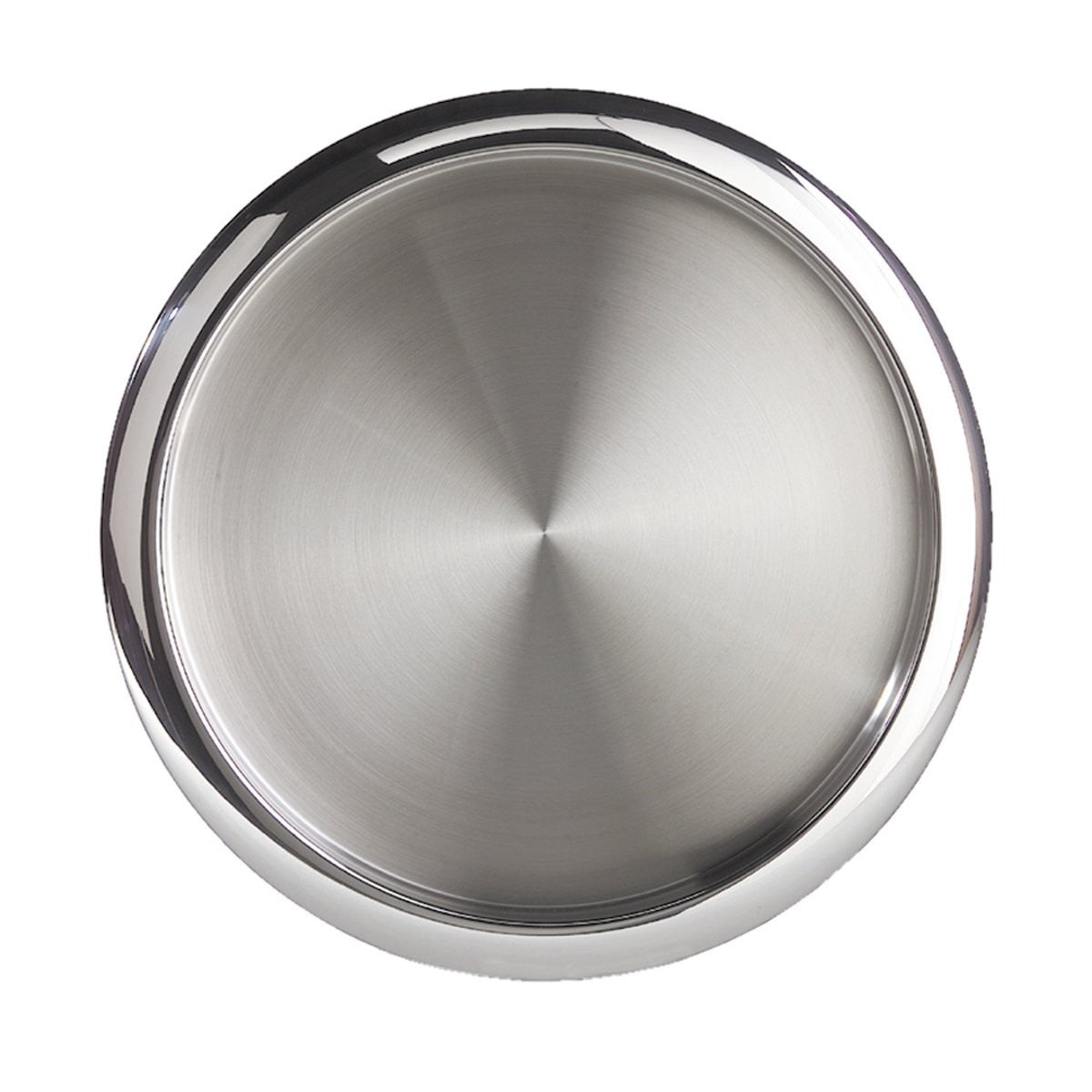 Oggi round steel tray, 14-inch, used as a coffee table or decorative tray for tea, bar accessories, or home decor.