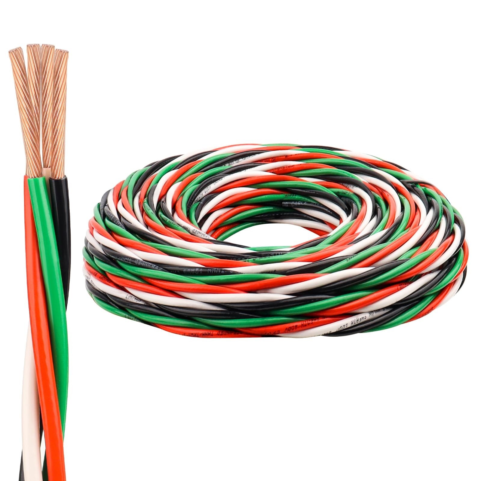 XRDS-RF 12 AWG THHN wire 25ft with four pre-twisted color strands in black, white, red, and green for electrical wiring.