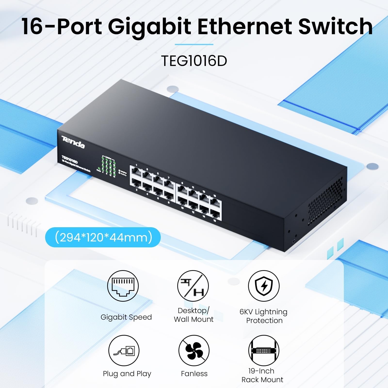 Tenda TEG1016D 16-port gigabit unmanaged desktop network switch with LED indicators and ports on the front panel.