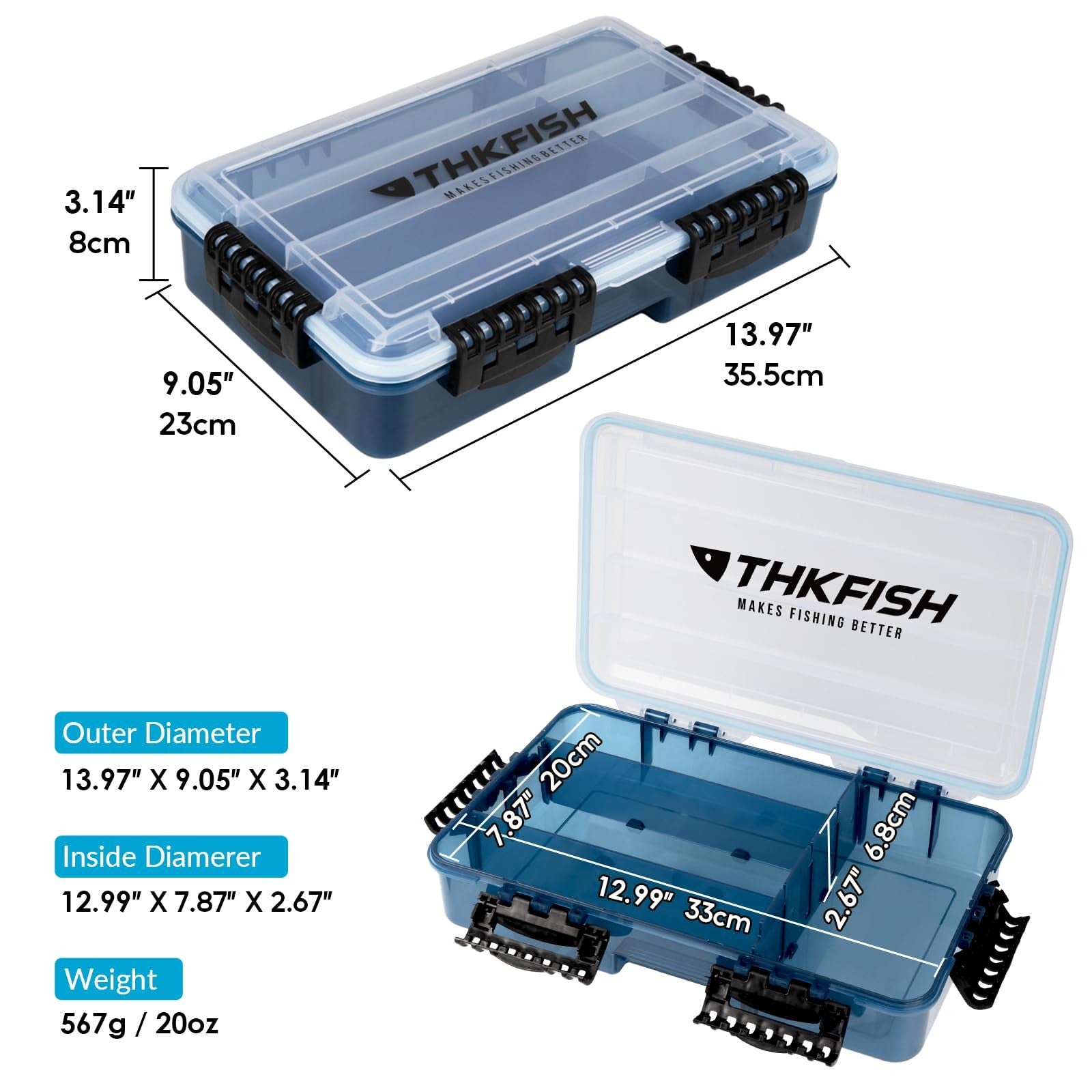 THKFISH fishing tackle box 3600 with multiple compartments, floating lure storage tray, and secure lid for organized fishing gear.