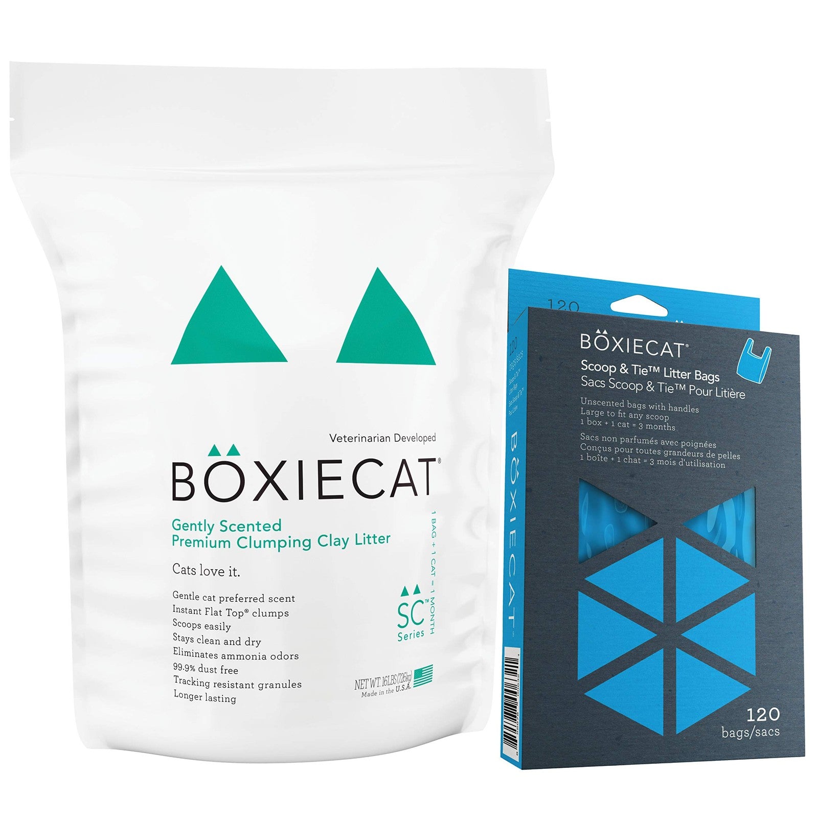 Boxie Cat Litter 16 lb clumping clay with cleanup bundle, showing the premium cat litter packaging and scooping tools.