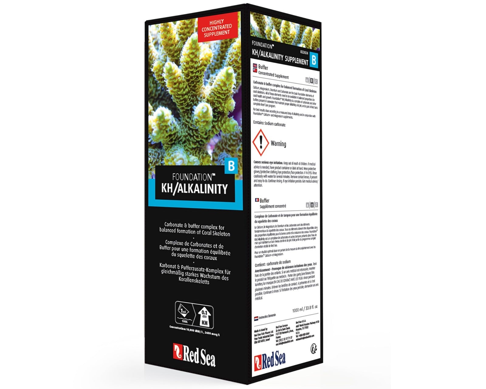 Red Sea Reef Foundation B Alkalinity supplement bottle, 1000ml, for boosting carbonate levels in reef aquariums.