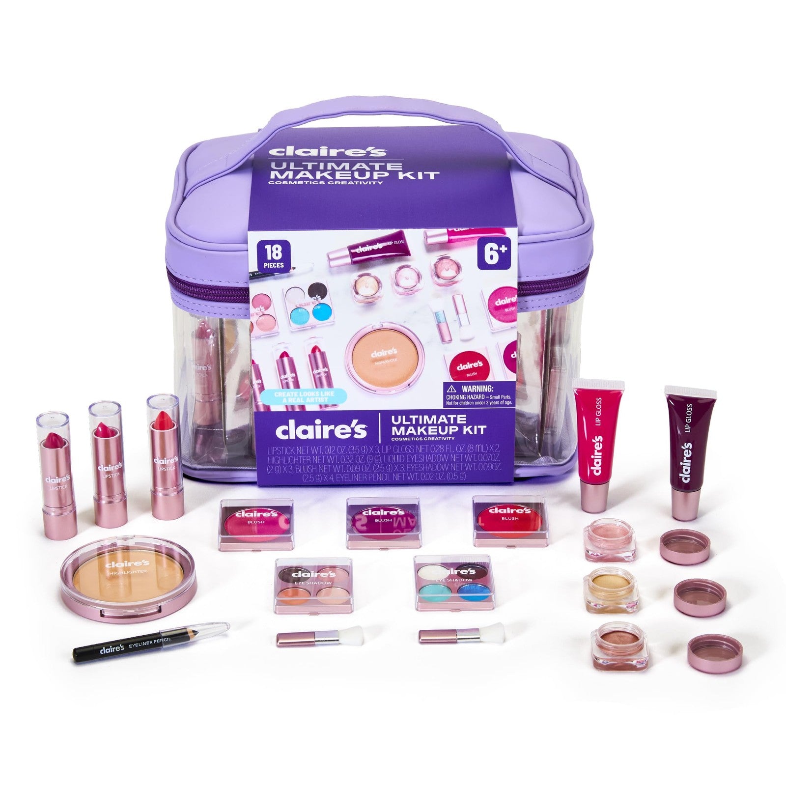 Claire's Ultimate 18-piece kids' makeup kit with colorful eyeshadows, blush, and brushes, designed for children ages 8-12.