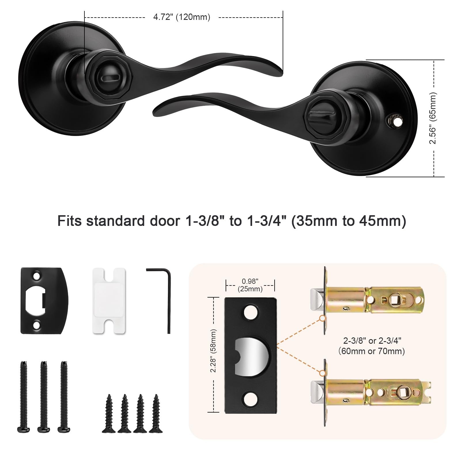 Probrico black privacy door handles set of four with lever design, suitable for bathroom and interior doors.
