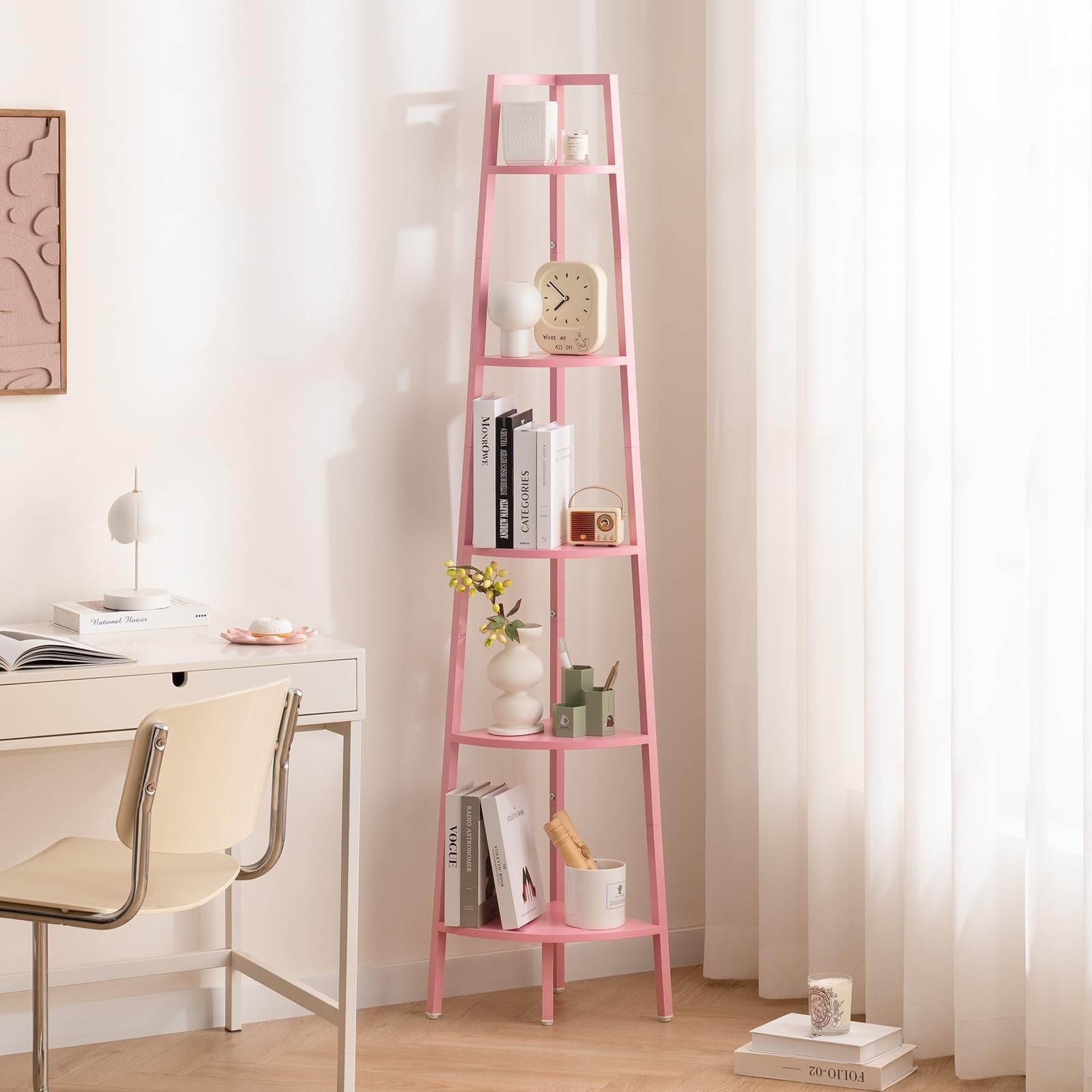 Yoobure 5-tier corner bookshelf with metal frame and ladder design, showcasing a modern, space-saving storage unit in a corner setting.