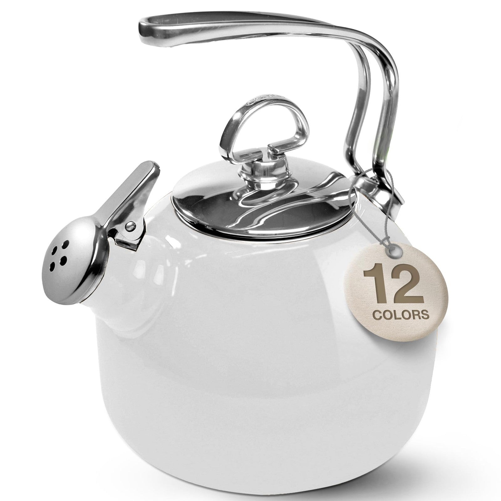 Chantal Classic Teakettle in 1.8 QT with enamel on steel, featuring a 2-tone harmonica whistle and shiny silver finish.