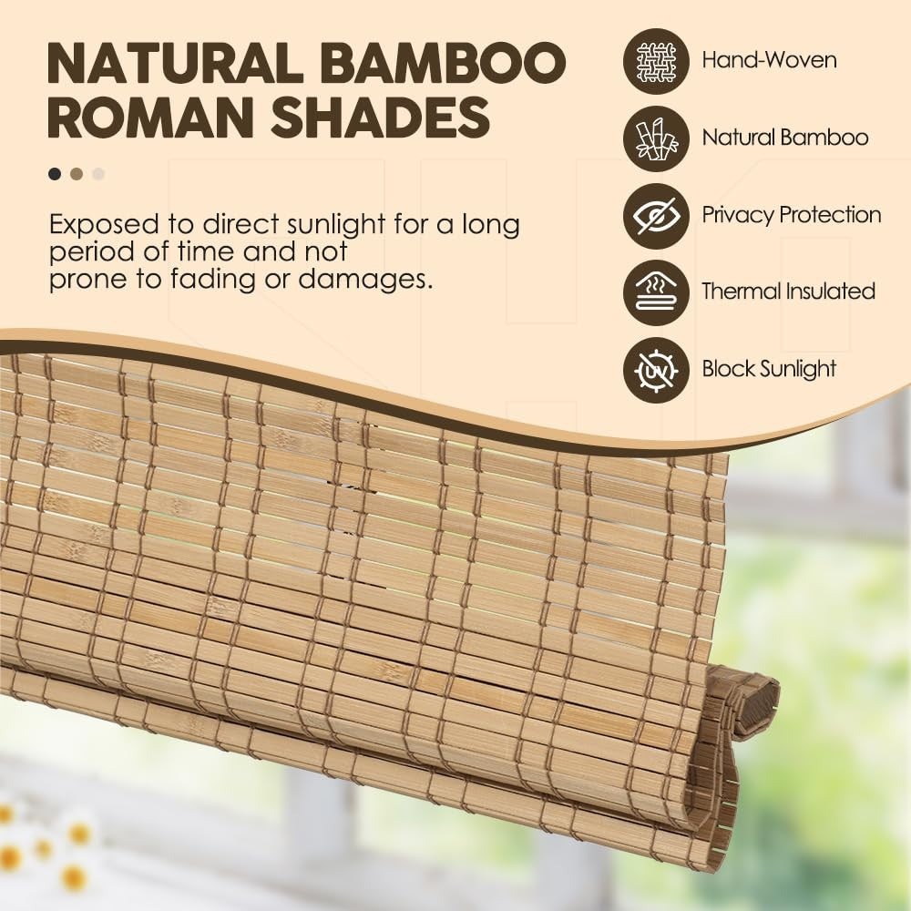 HIDODO cordless bamboo Roman shades with light filtering bamboo blinds for windows, featuring natural woven texture and clean design.
