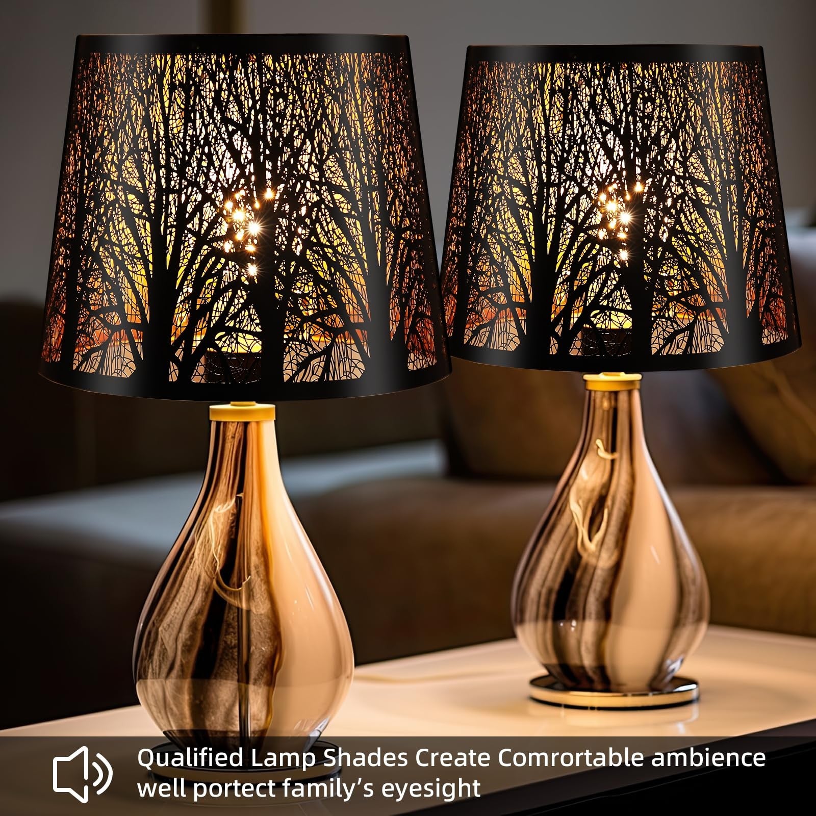 Set of two KOZEOTA metal drum lamp shades, 7.9" top, 9.8" bottom, 7.9" height, in a sleek black finish.