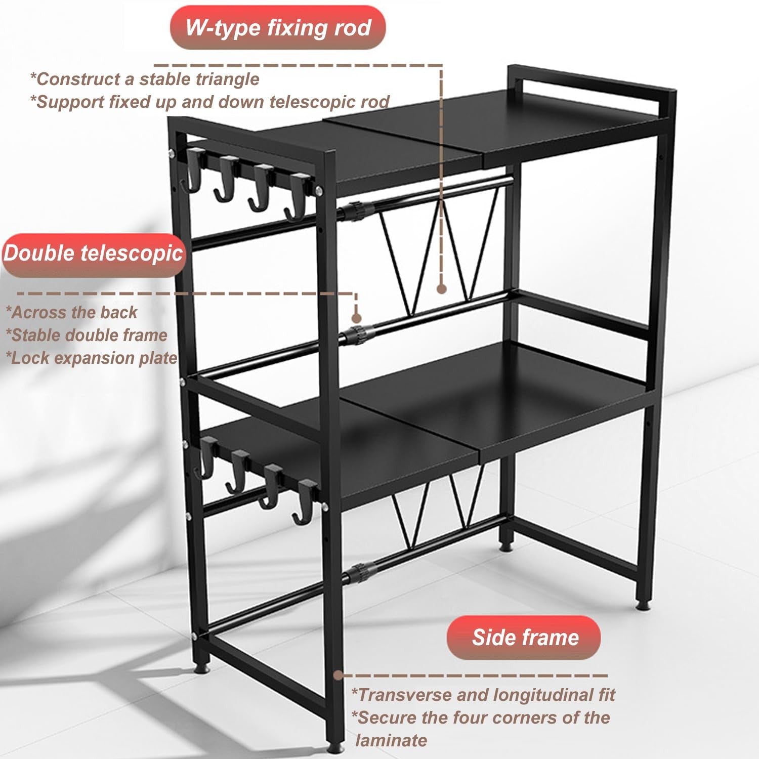 LoyalKBS expandable microwave stand with three tiers and heavy-duty construction, designed for kitchen countertops.