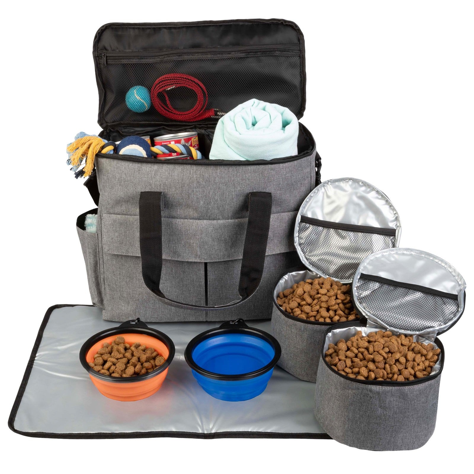 PETMAKER pet travel bag with pockets, mat, and two food containers for dogs and cats, designed for convenient travel.