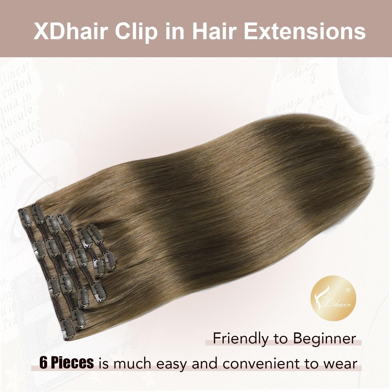 XDhair clip-in hair extensions, 100g 14-inch ash brown straight real human hair, shown in a natural straight style.