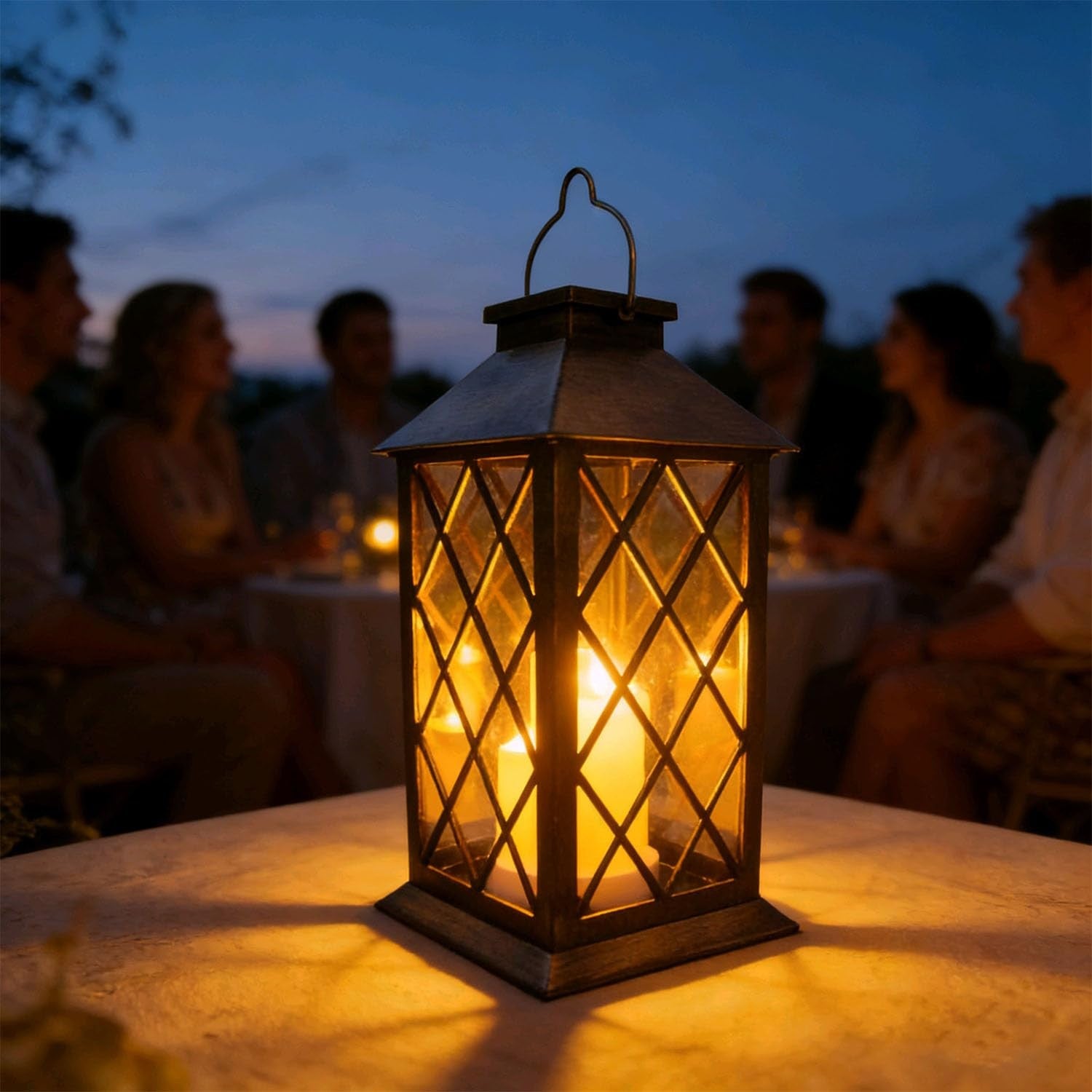 Guanfu solar outdoor lantern hanging in garden, waterproof PVC upgrade design, illuminated during evening, eco-friendly lighting.