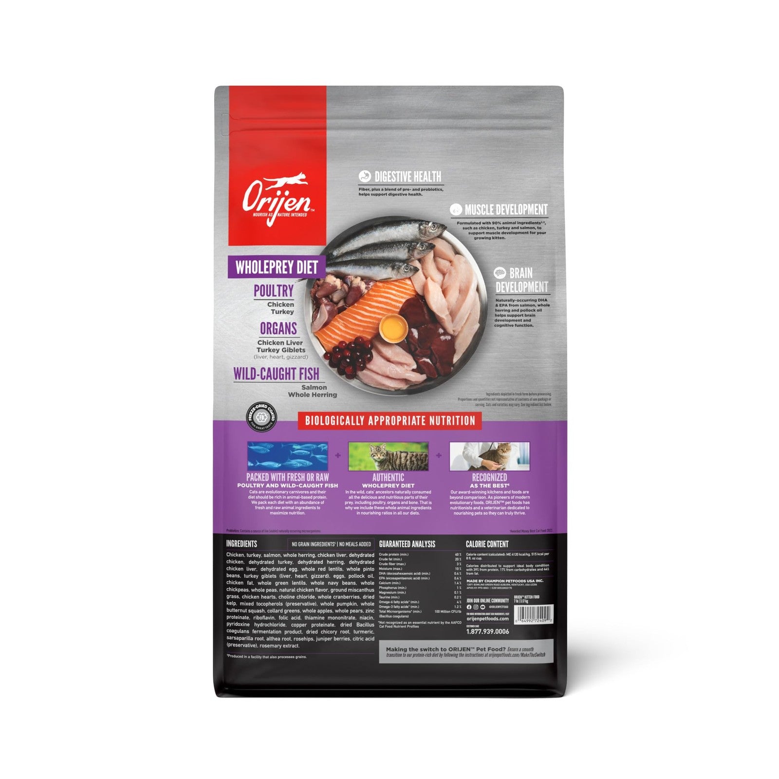 ORIJEN Grain Free High Protein Premium Dry Cat Food Kitten Recipe 7lb bag showing the cat food kibble.