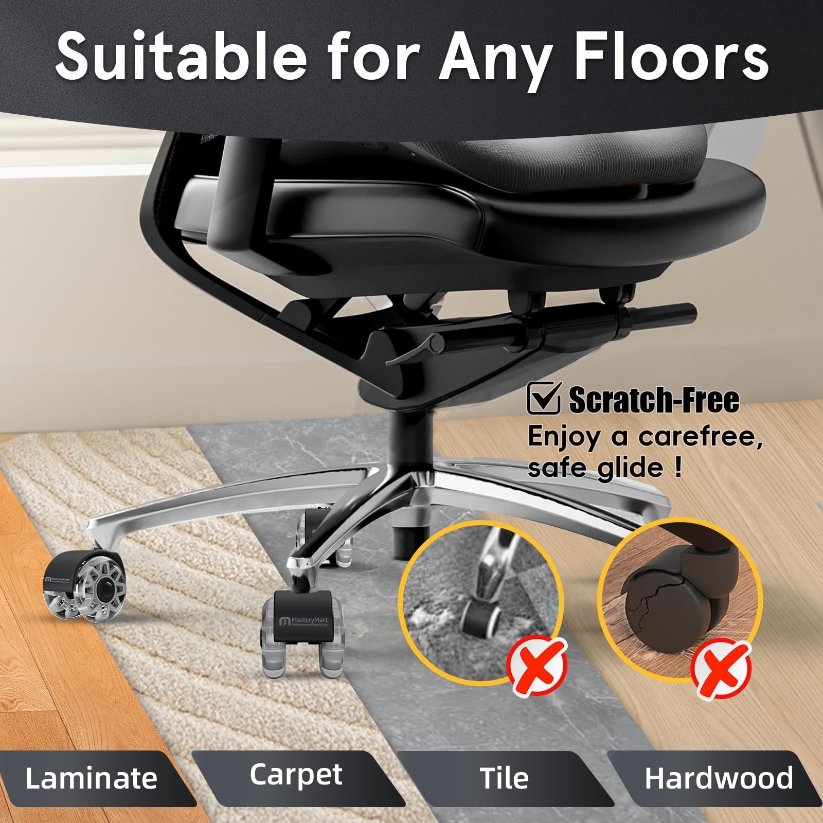 Heavy-duty 2.5-inch office chair caster wheels by MASTERY MART, designed for smooth movement on carpet and hard floors.