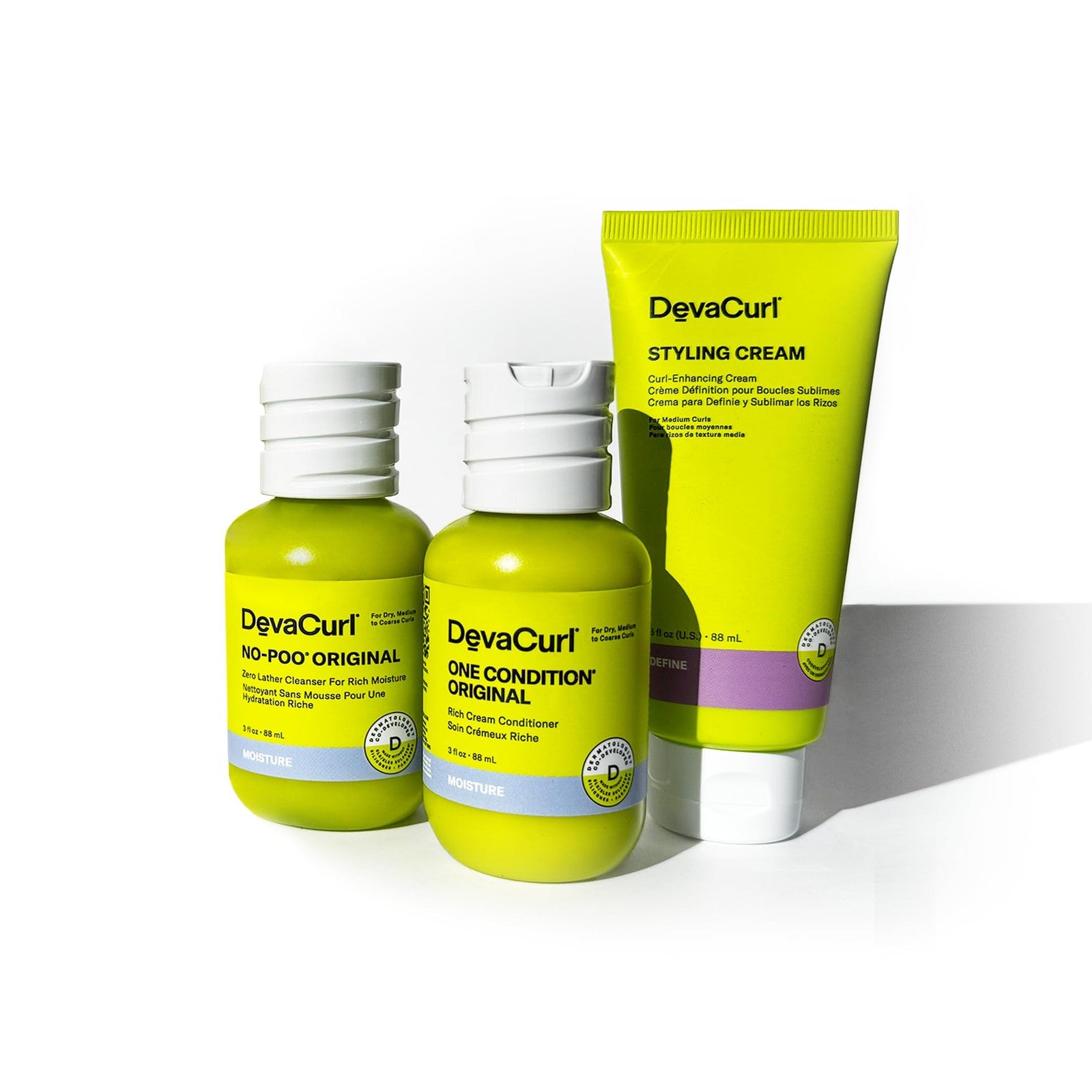 DevaCurl OG Kit with No-Poo, One Condition, and Styling Cream for curly hair care and styling.